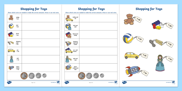 FREE! - Shopping for Toys Worksheet in Philippine Peso | Twinkl