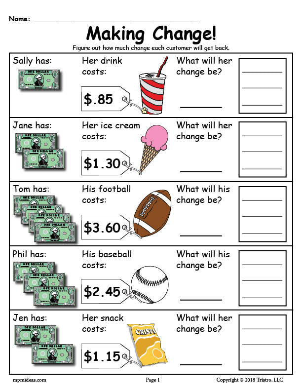 Printable Making Change Money Worksheets - 2 Versions!