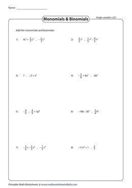 Adding Monomials and Binomials Worksheets
