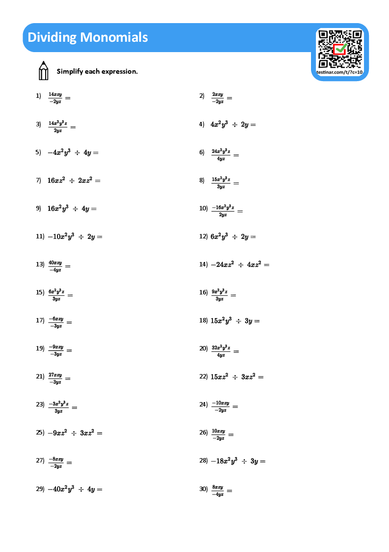 Dividing Monomials worksheets