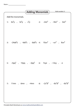 Adding Monomials Worksheets