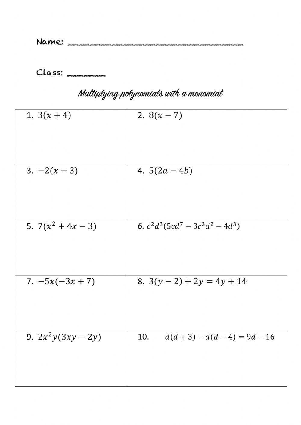 Multiplying polynomials with monomials worksheet  