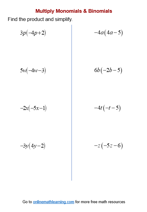 Multiply Polynomial Worksheets (printable, online, answers, examples)