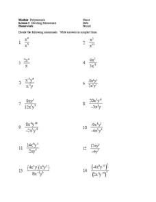 Dividing Monomials Worksheet for 9th Grade | Lesson Planet