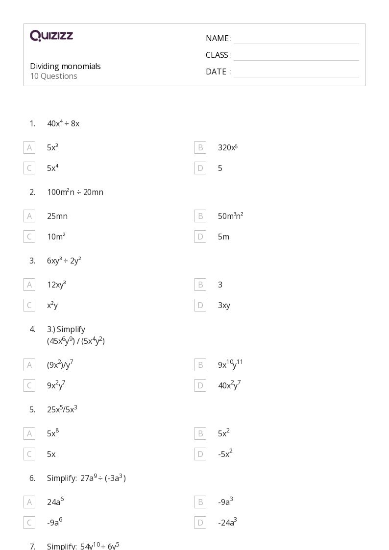 50+ Monomials Operations worksheets on Quizizz | Free &  Printable