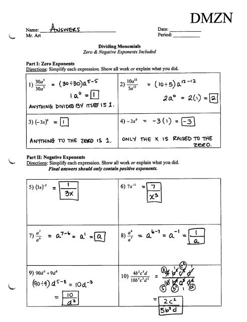 Dividing Monomials - Negative &   Zero Exponents - Worksheet - DMZN