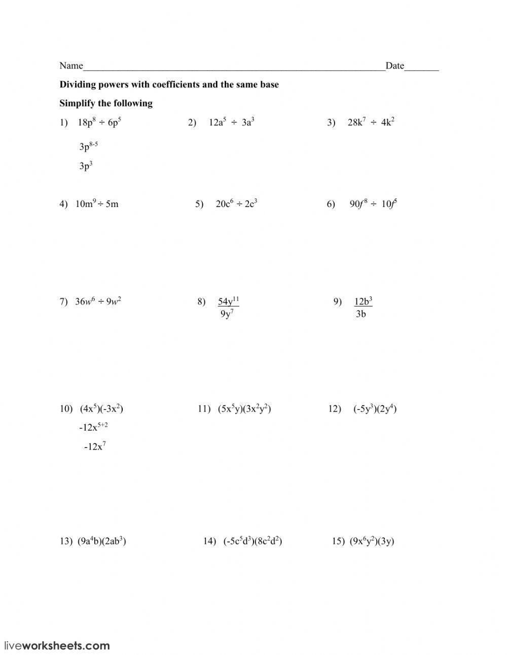 Multiply -divide monomials worksheet  