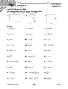 Multiplying Monomials Worksheet for 8th - 10th Grade | Lesson Planet