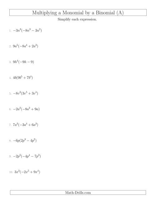 Multiplying a Monomial by a Binomial (A)