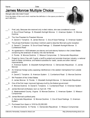 James Monroe Word Search, Work Sheets and Coloring Page