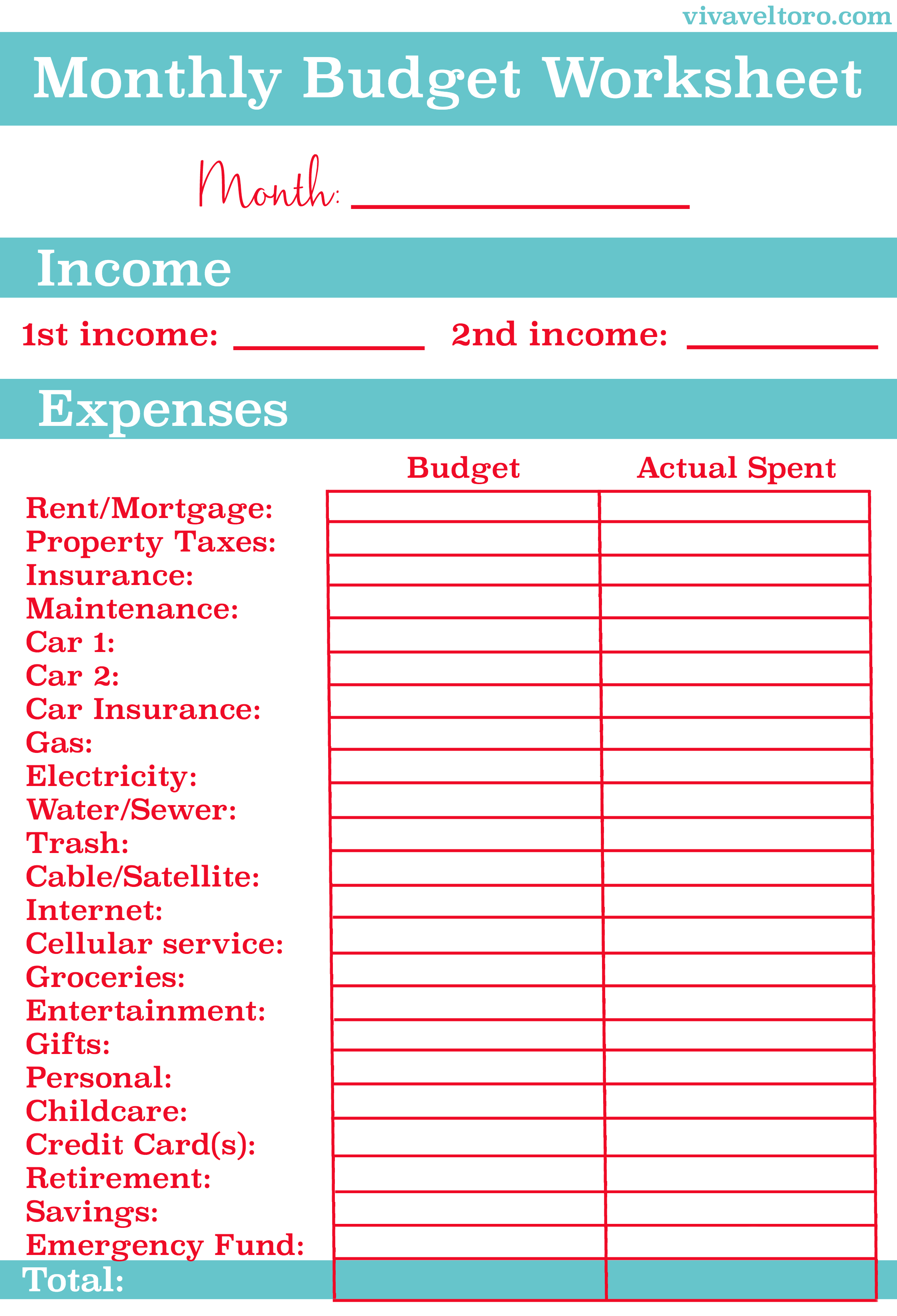 Monthly Budget Worksheet - Free Printable
