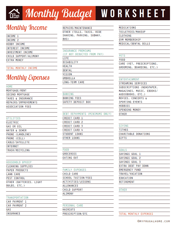 monthly budget worksheet printable