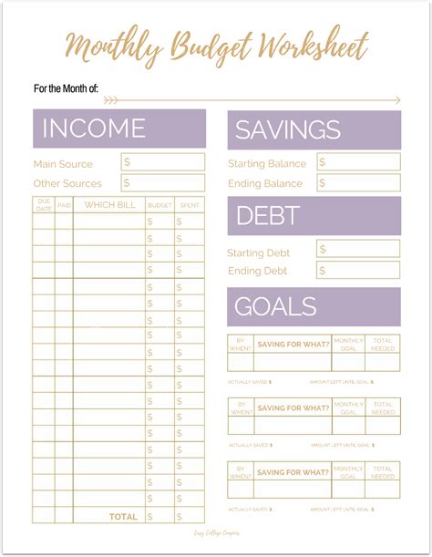 Monthly Budget Worksheet Free Printable