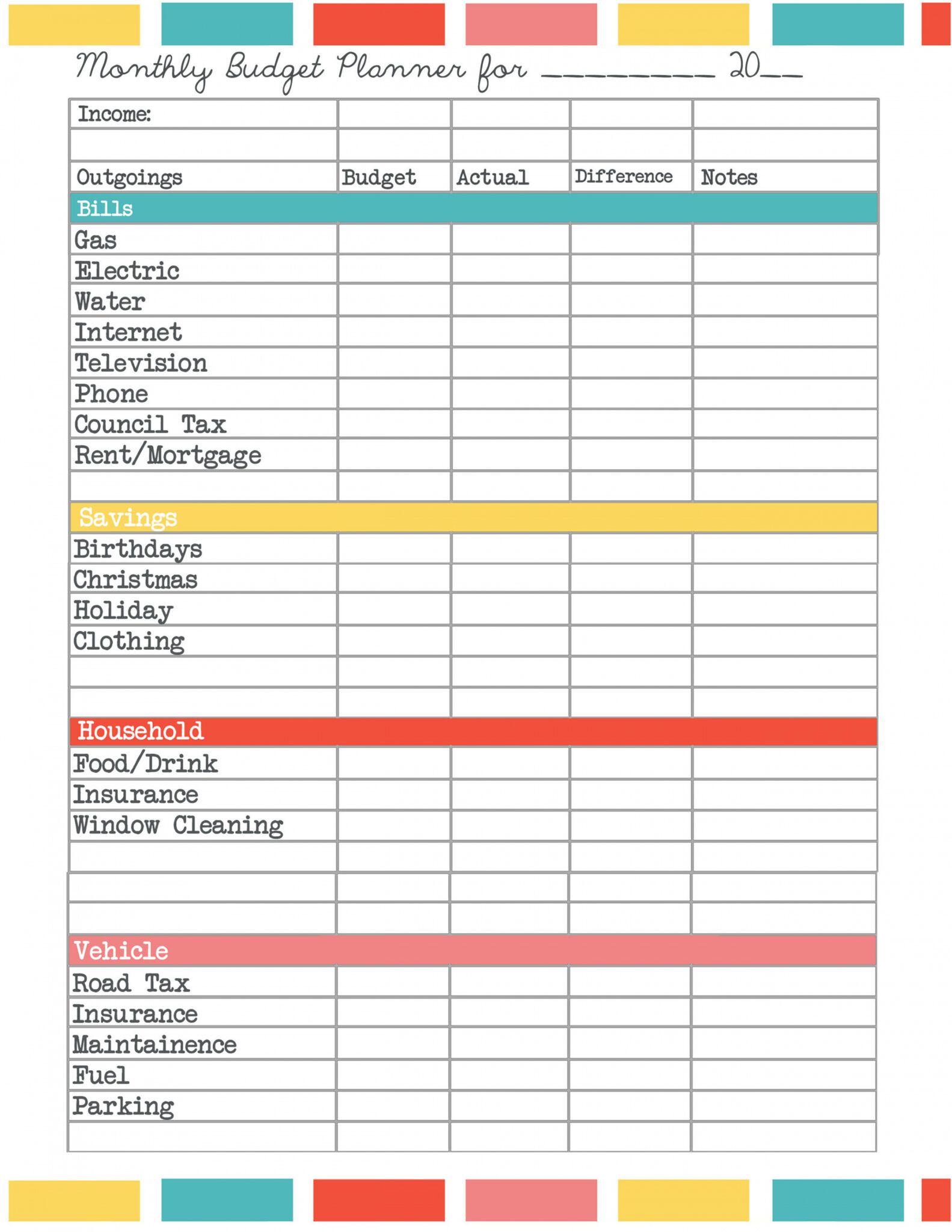 monthly family budget worksheet