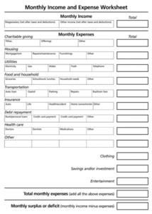 monthly income and expense worksheet