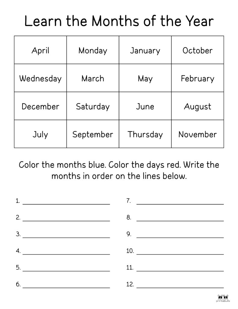 months of the year printable worksheet