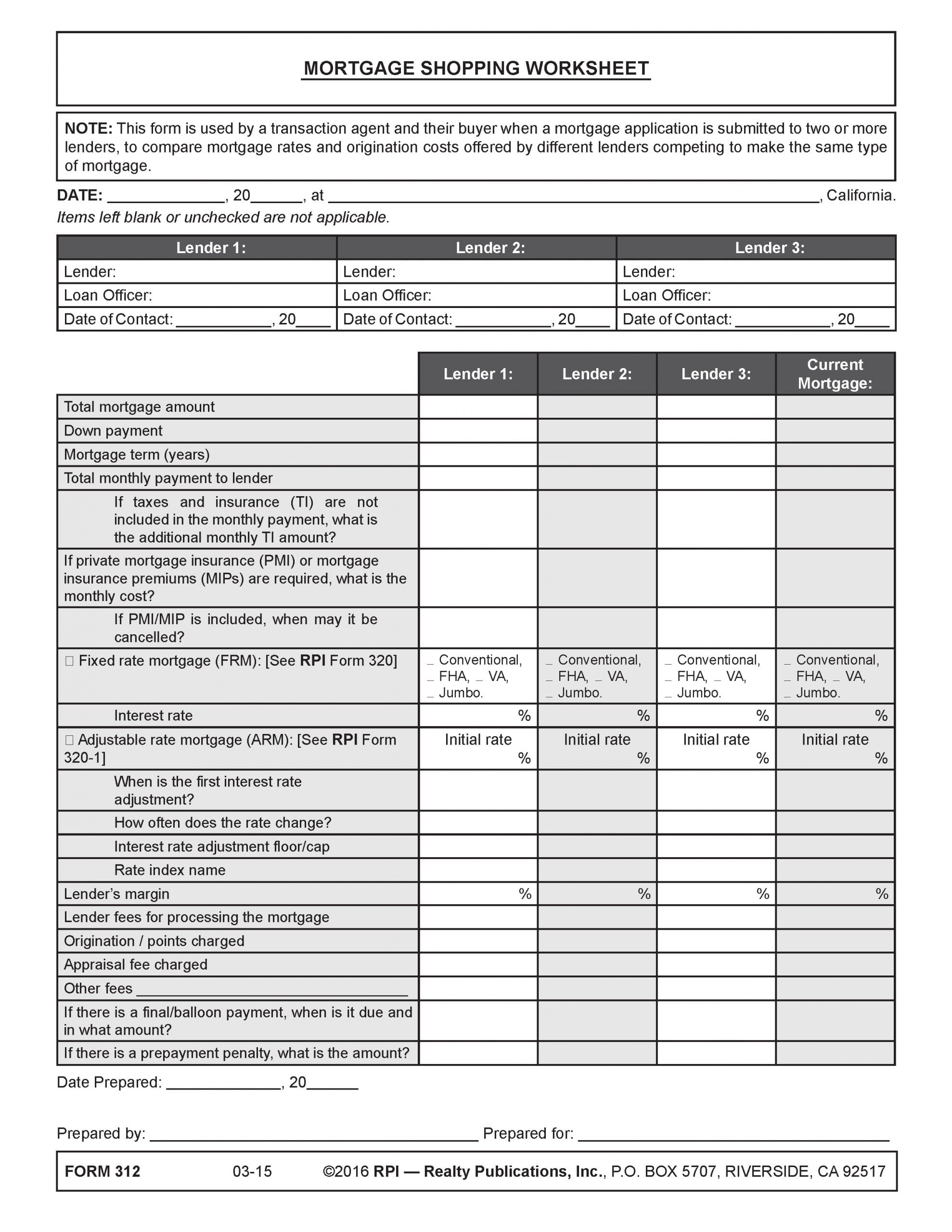 mortgage shopping worksheet