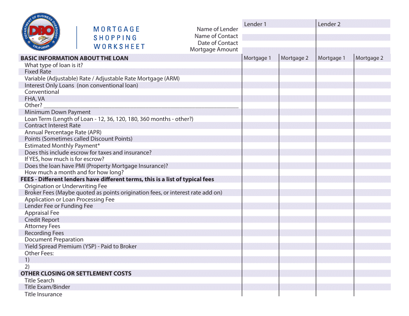 California Mortgage Shopping Worksheet - Fill Out, Sign Online and ...