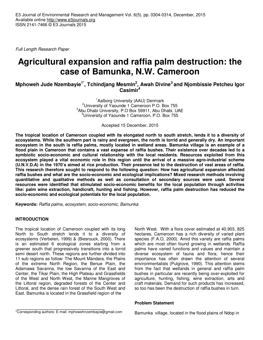 PDF) Agricultural expansion and raffia palm destruction: the case ...