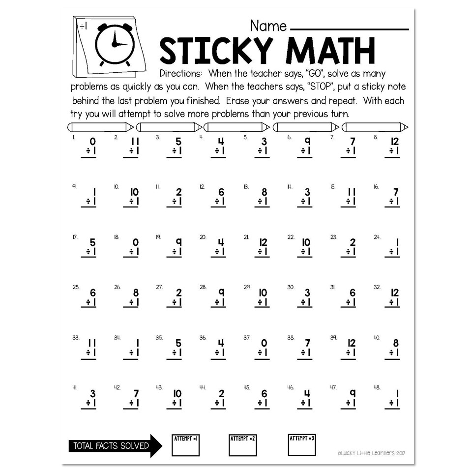 Sticky Math Fact Fluency Practice - Division - ÷1 - Lucky Little ...