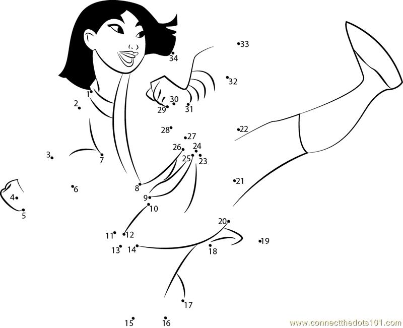 Mulan doing karate dot to dot printable worksheet - Connect The Dots