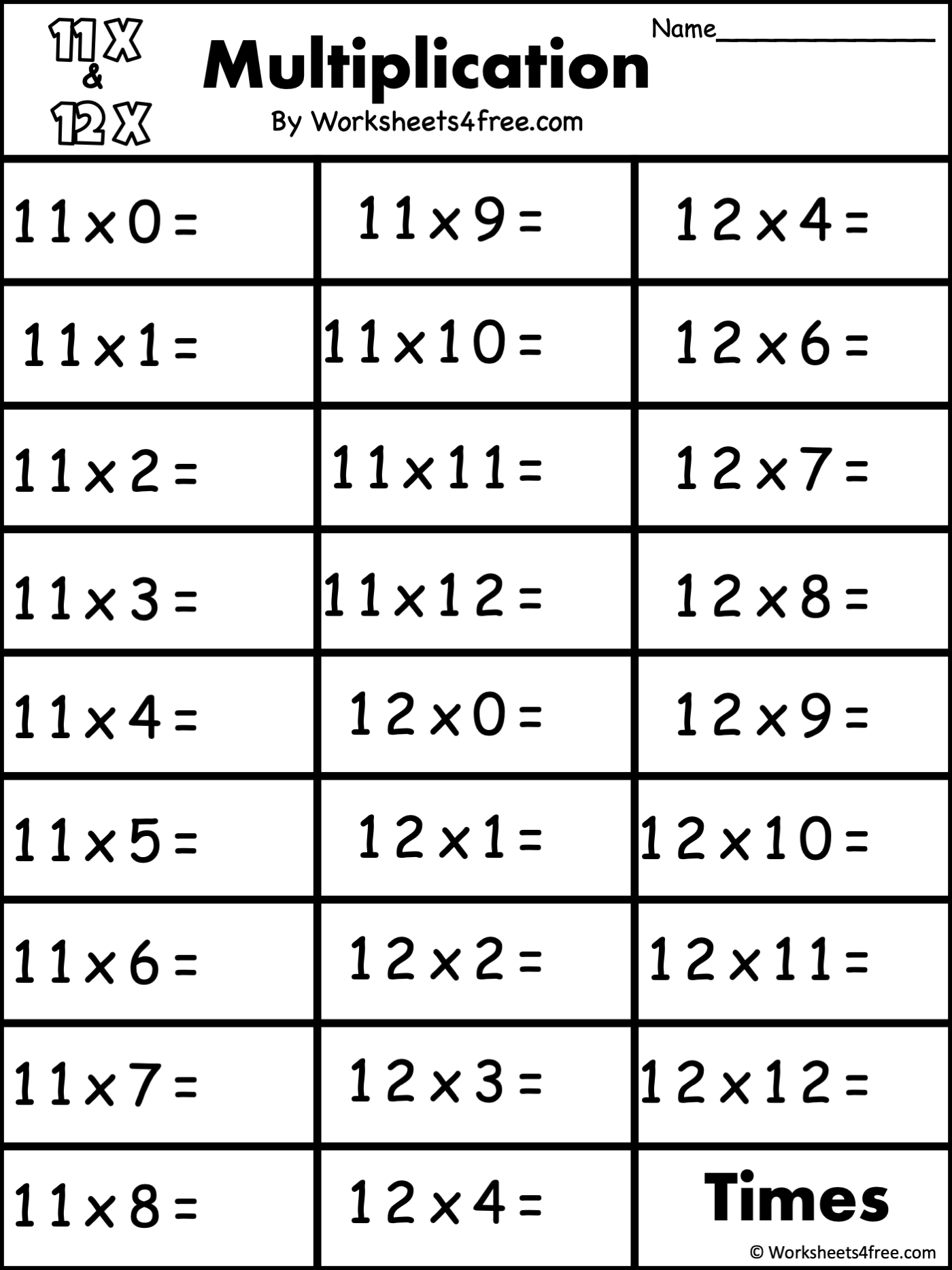 Free Multiplication Worksheet - 11s &  12s - Worksheets4Free