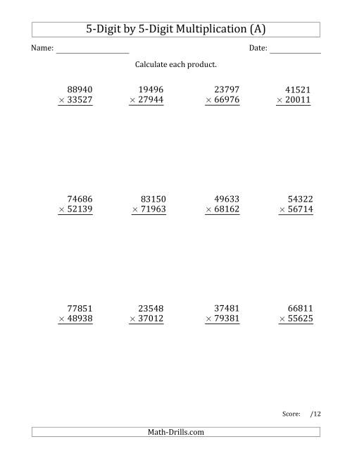 Multiplying 5-Digit by 5-Digit Numbers (A)