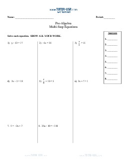 multi step algebra equations worksheet