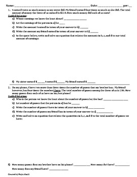 Word Problems for Writing and Solving Multi-Step Equations Worksheet I
