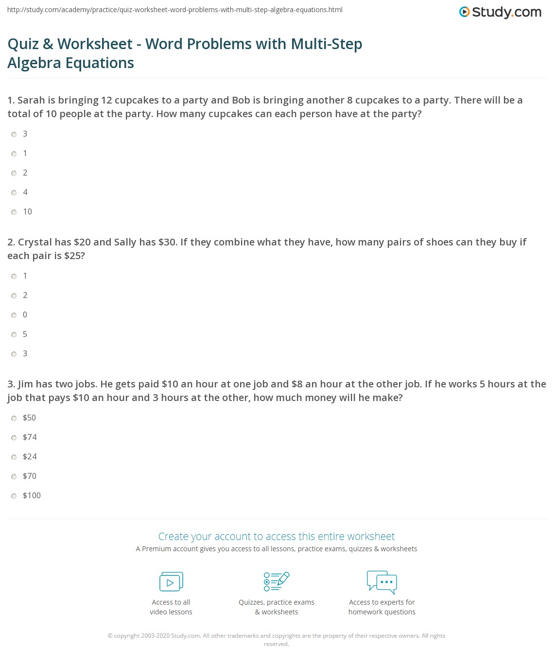 Quiz &  Worksheet - Word Problems with Multi-Step Algebra Equations ...