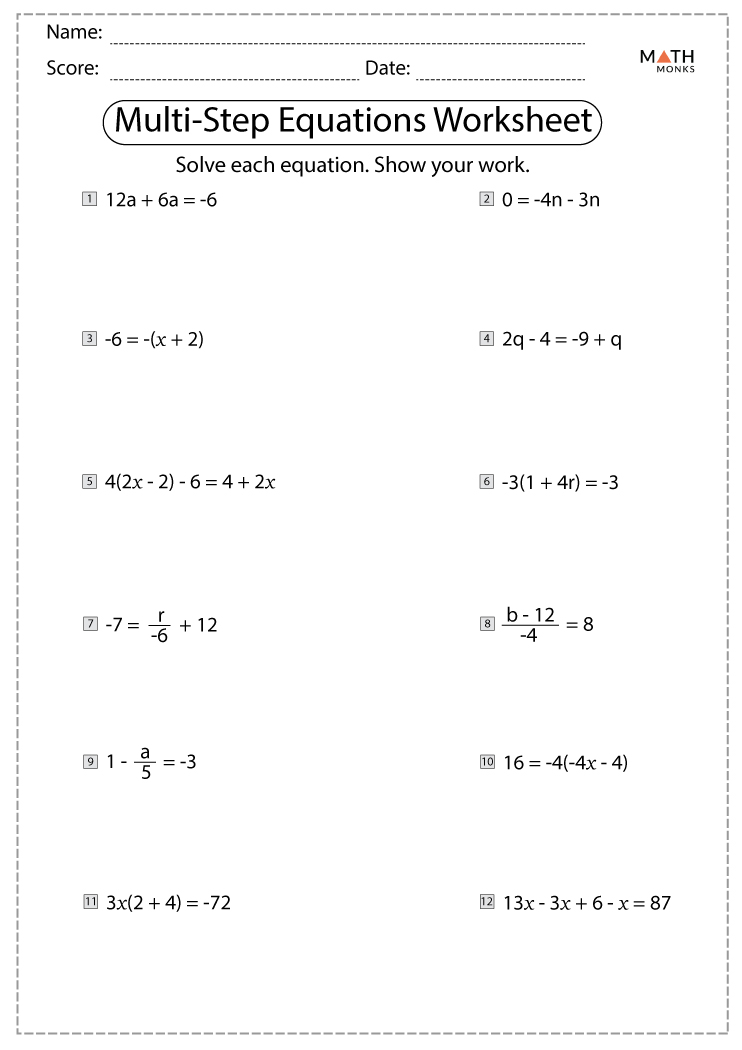 Multi Step Equations Worksheets - Math Monks