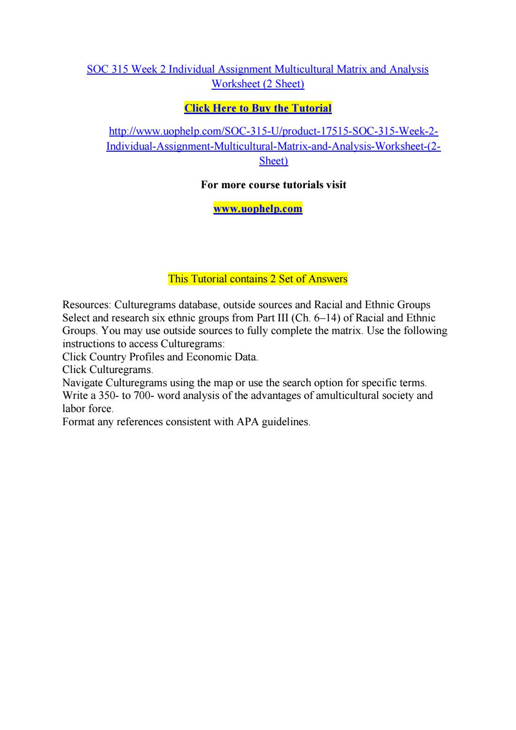 Soc 315 week 2 individual assignment multicultural matrix and ...