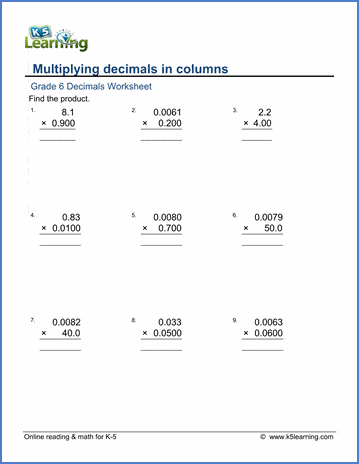 Grade 6 Worksheets: Decimal by decimal multiplication (1-4 digits ...