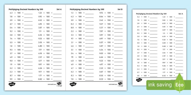 Multiplying Decimal Numbers by 100 Worksheet (teacher made)