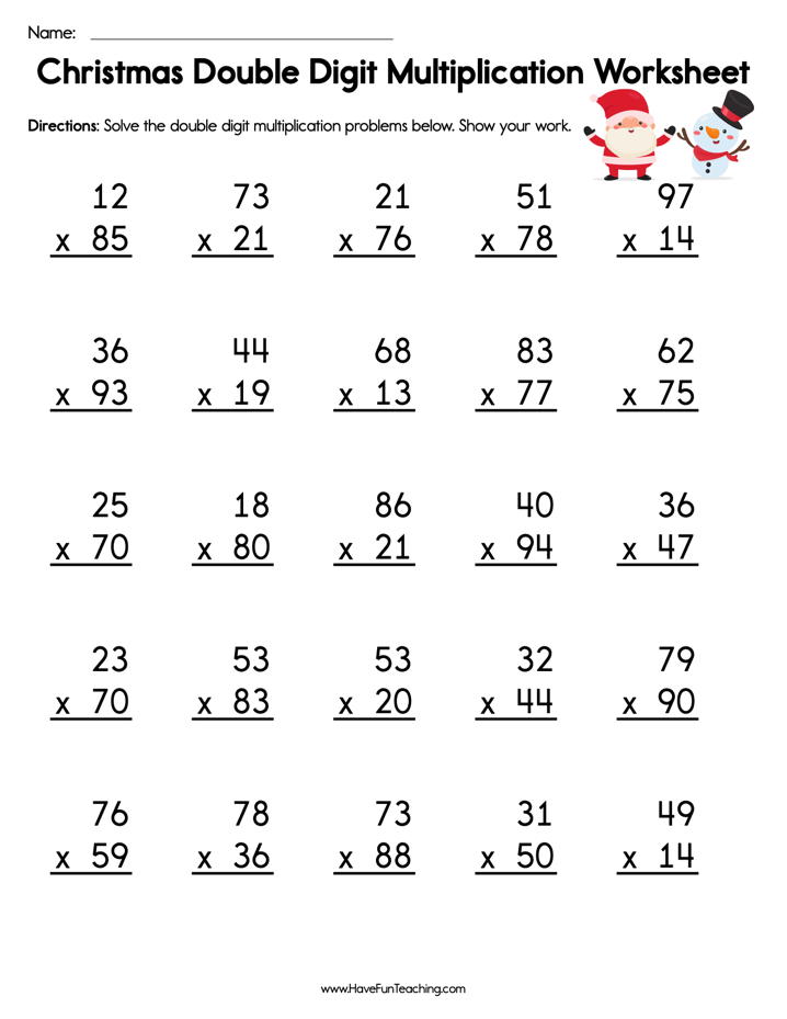 Christmas Double Digit Multiplication Worksheet  