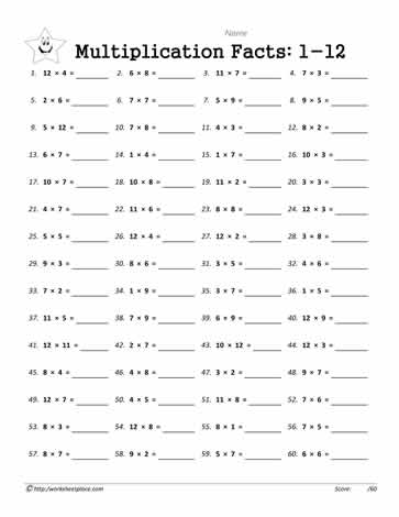 Multiplication Facts 1-12 Worksheets