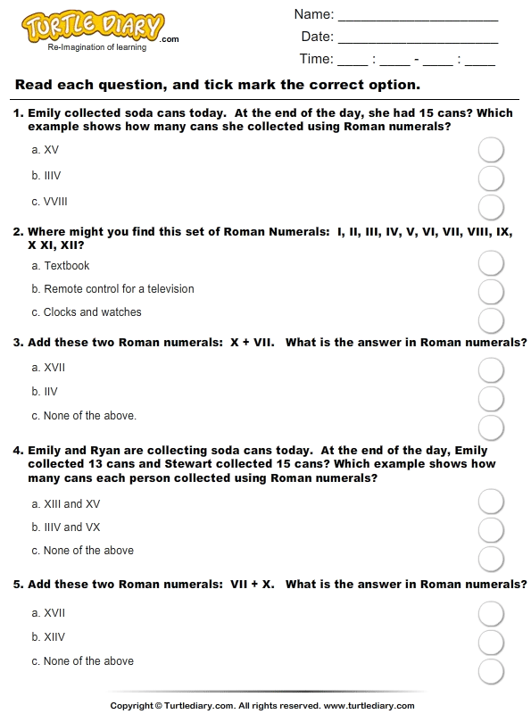 Addition with Roman Numerals up to Twenty | Turtle Diary Worksheet