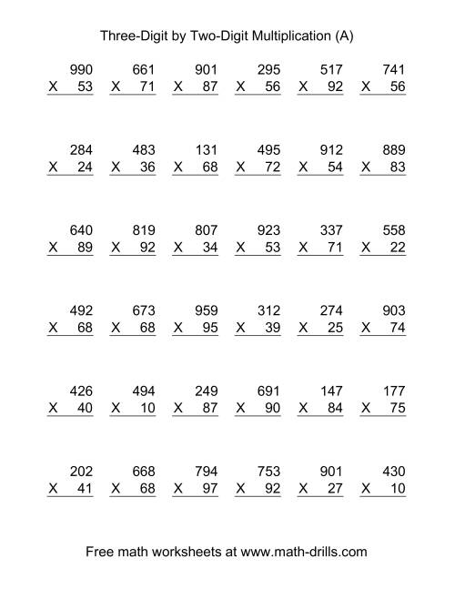 Multiplying Three-Digit by Two-Digit -- 36 per page (A)
