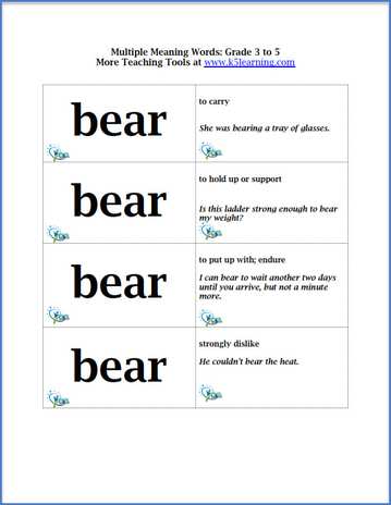 Multiple Meaning Words Flashcards for Grade 3 to 5 Students | Worsheets library...