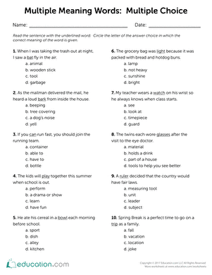Multiple Meaning Words - Multiple Choice | Interactive Worksheet ...