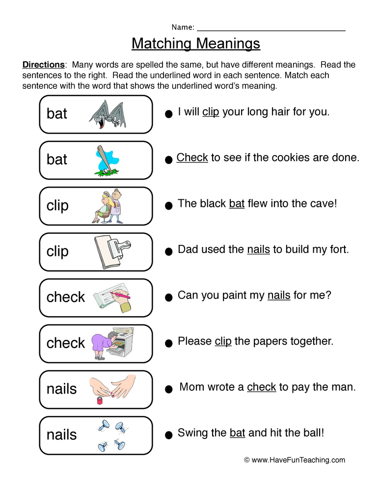 Matching Multiple Meaning Worksheet  