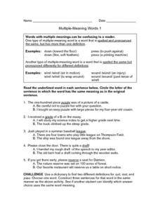 Multiple-Meaning Words 1,2,3 Worksheet for 3rd - 5th Grade ...