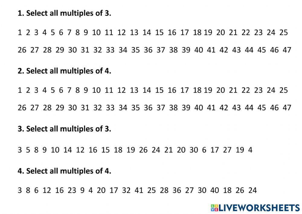 Multiples of 3 and 4 worksheet | Live Worksheets - Worksheets Library