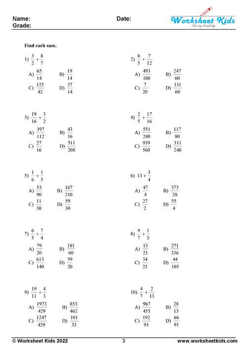 Adding fractions with unlike denominators worksheets - Free PDF