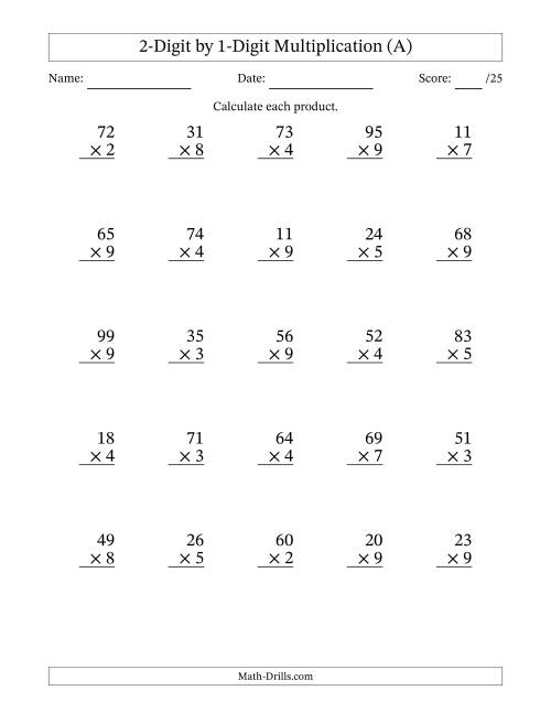 multiplication 2 digit by 1 digit worksheet