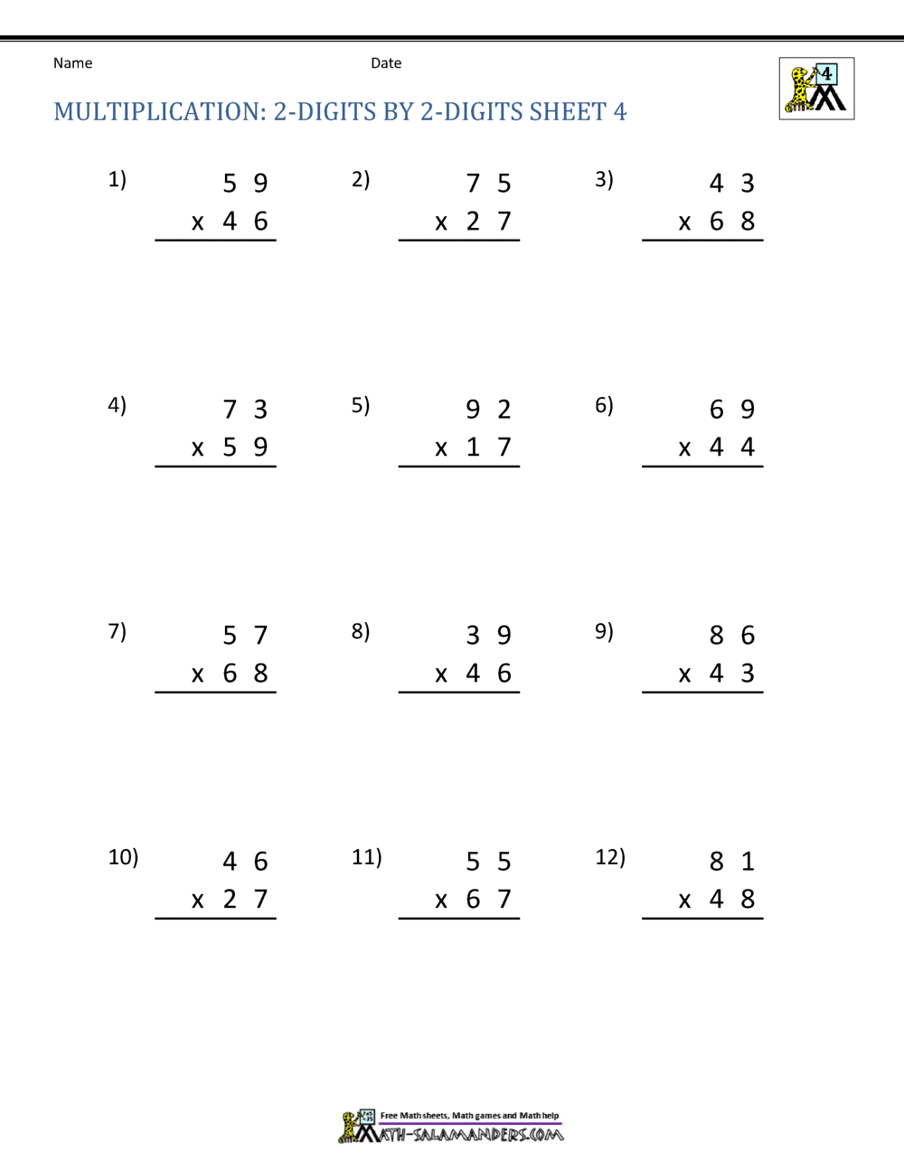 Double Digit Multiplication Worksheets 4th Grade