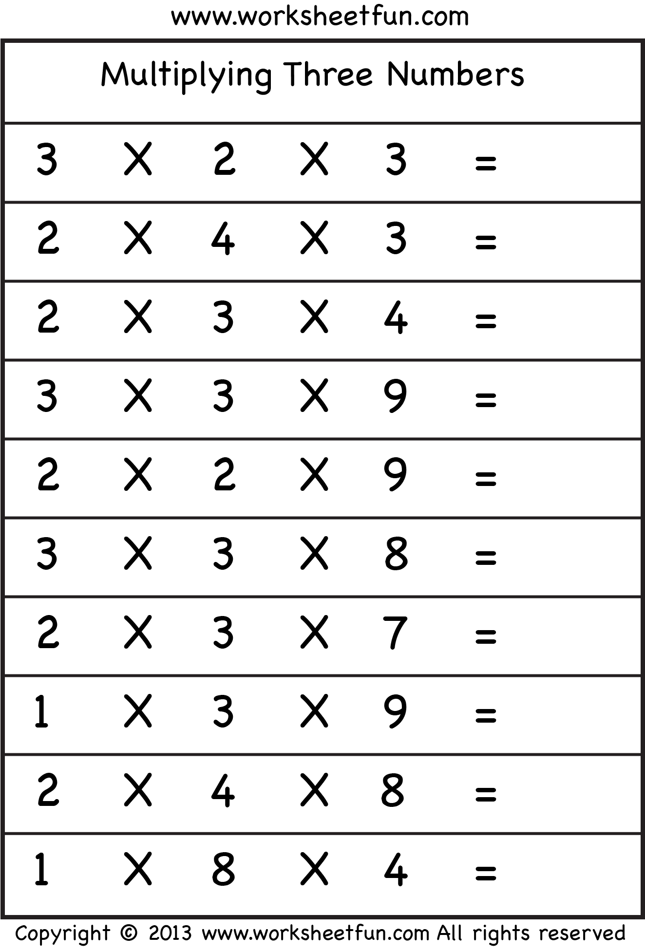 multiplication 3 s worksheet