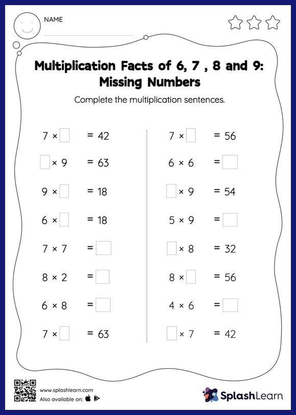 Multiplication Facts of 6, 7 , 8 and 9: Missing Numbers - Math ...
