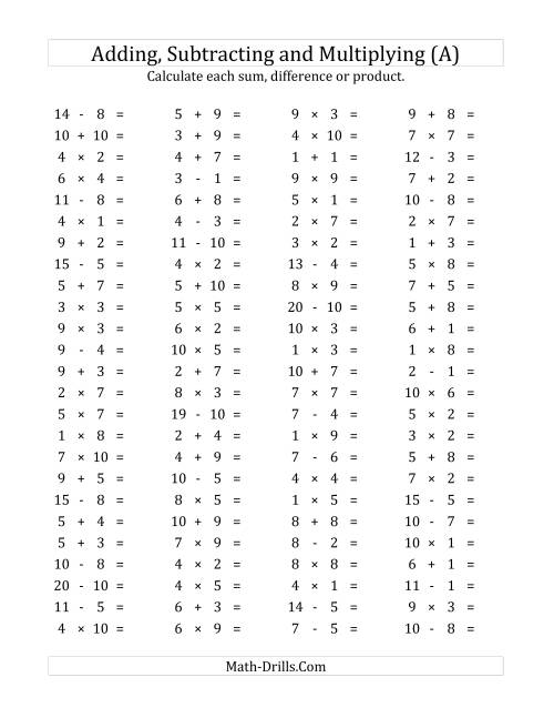 100 Horizontal Addition/Subtraction/Multiplication Questions ...