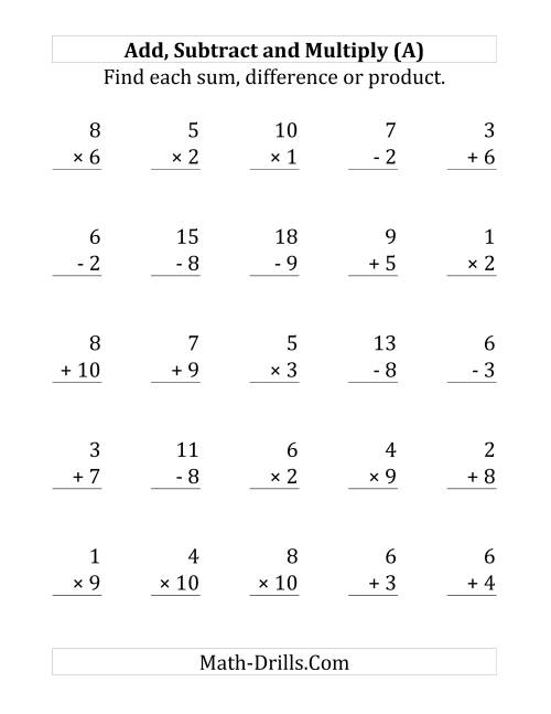 Adding, Subtracting and Multiplying with Facts From 1 to 10 (A)